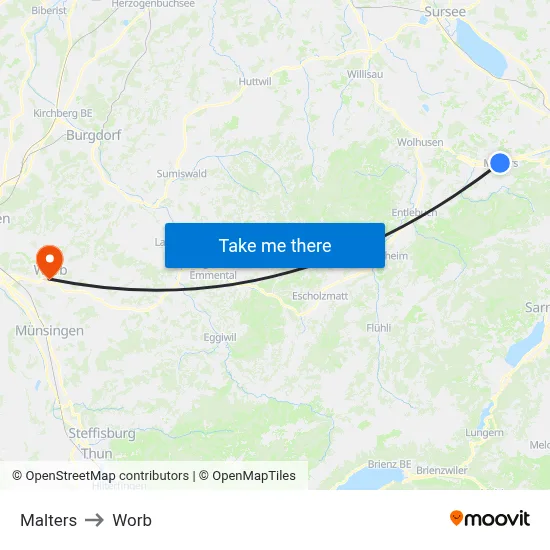 Malters to Worb map