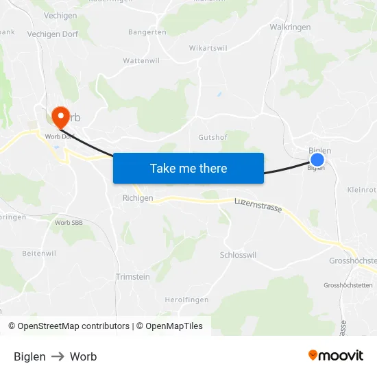 Biglen to Worb map
