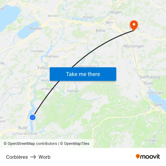 Corbières to Worb map