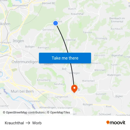 Krauchthal to Worb map