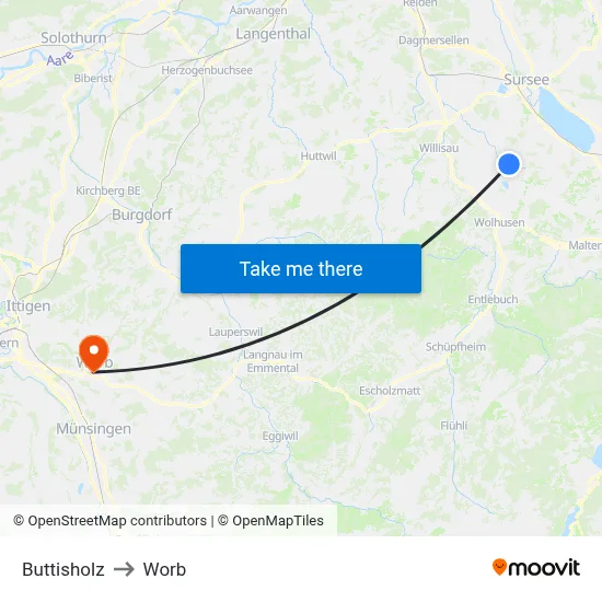 Buttisholz to Worb map
