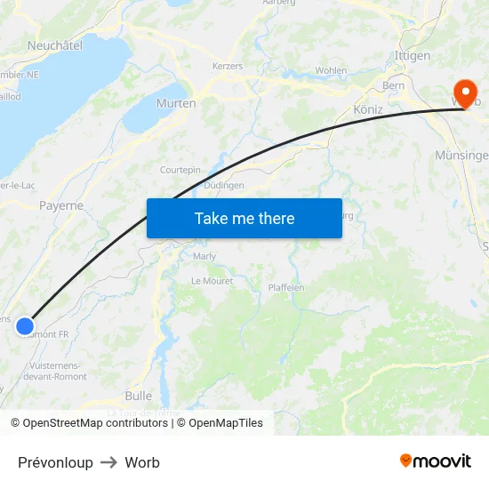 Prévonloup to Worb map