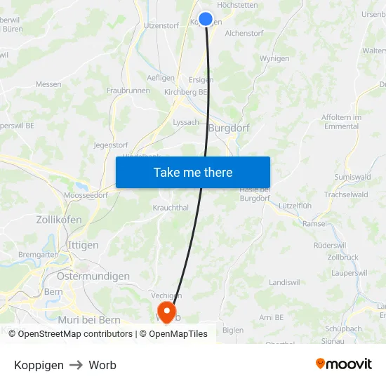 Koppigen to Worb map