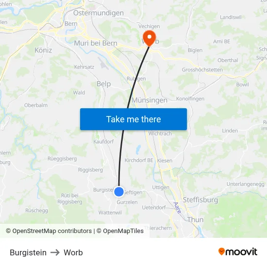 Burgistein to Worb map