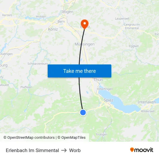 Erlenbach Im Simmental to Worb map