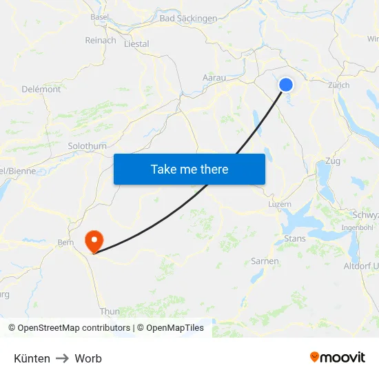 Künten to Worb map