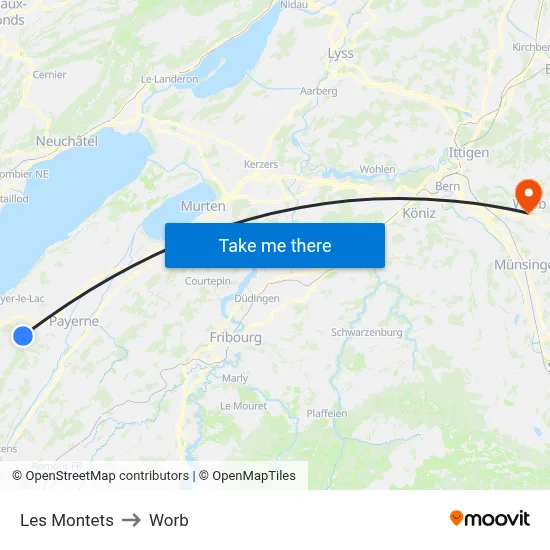 Les Montets to Worb map