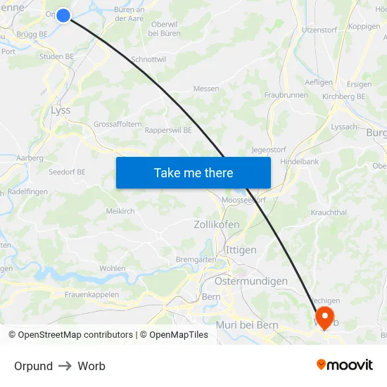 Orpund to Worb map