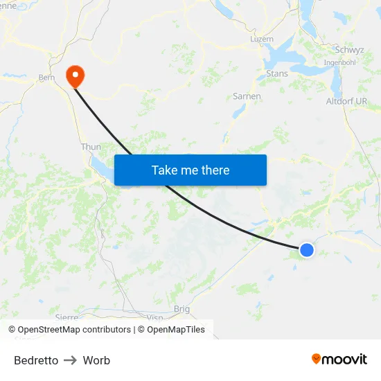 Bedretto to Worb map