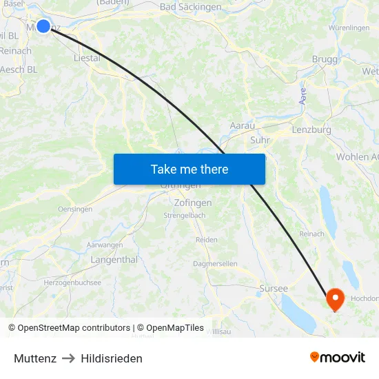 Muttenz to Hildisrieden map