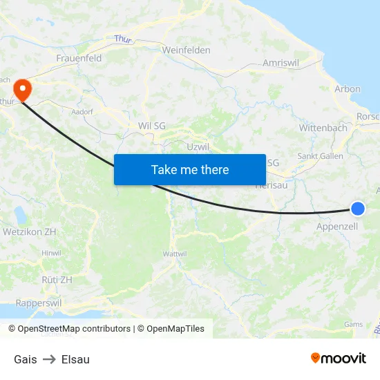 Gais to Elsau map