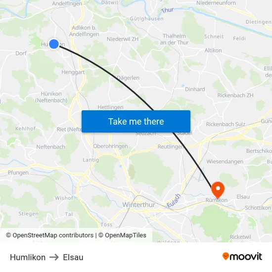 Humlikon to Elsau map