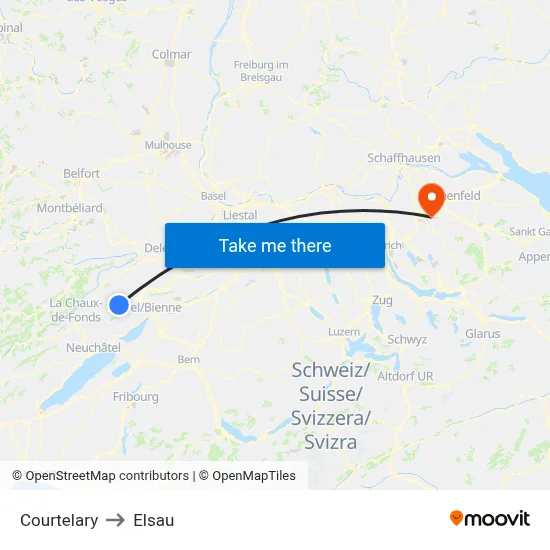 Courtelary to Elsau map