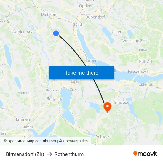 Birmensdorf (Zh) to Rothenthurm map