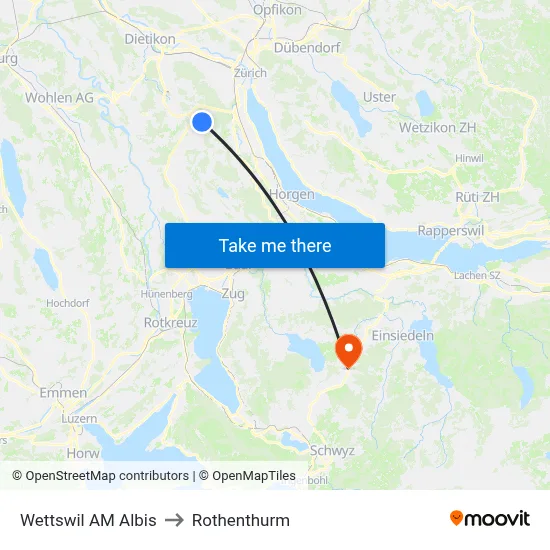 Wettswil AM Albis to Rothenthurm map