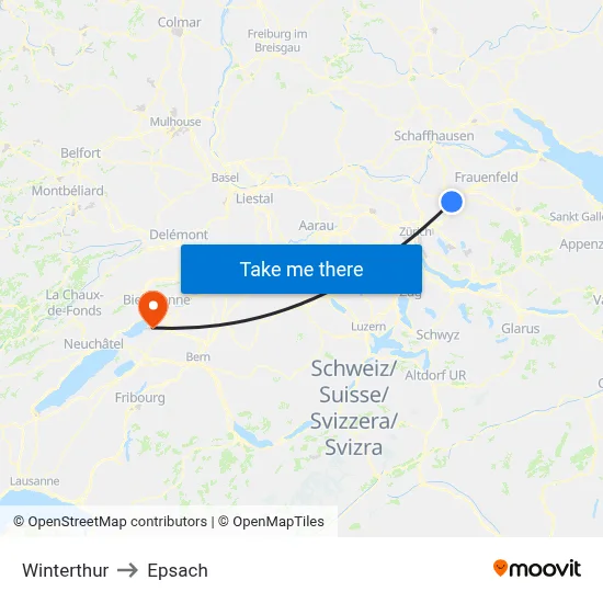 Winterthur to Epsach map