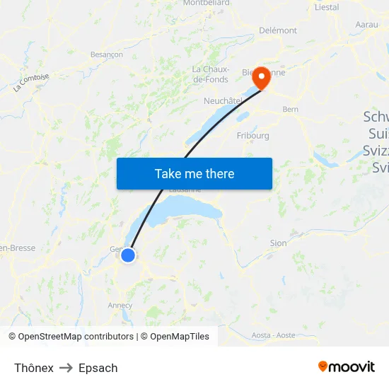 Thônex to Epsach map
