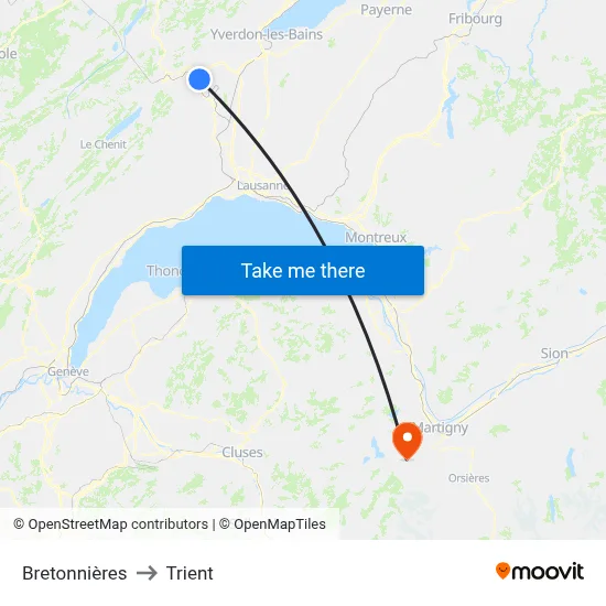 Bretonnières to Trient map