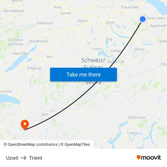 Uzwil to Trient map