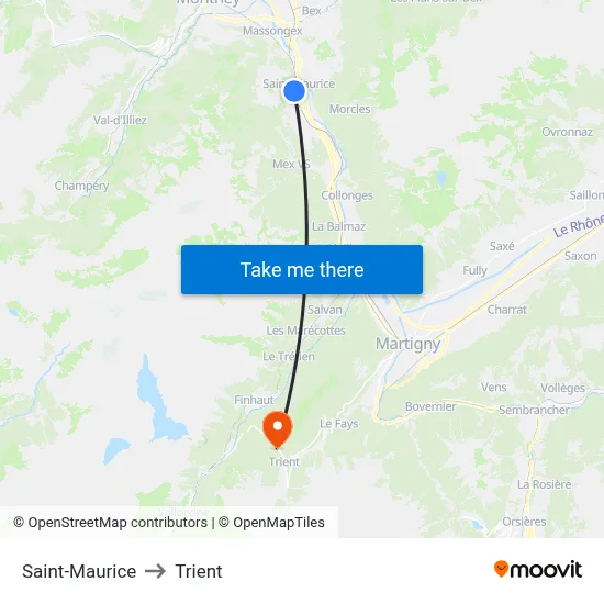 Saint-Maurice to Trient map