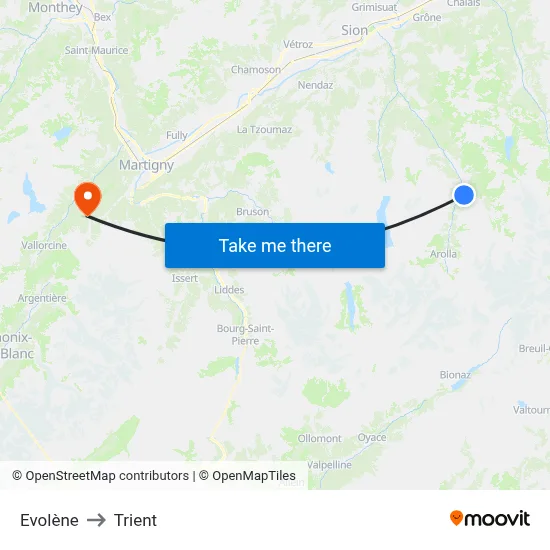 Evolène to Trient map