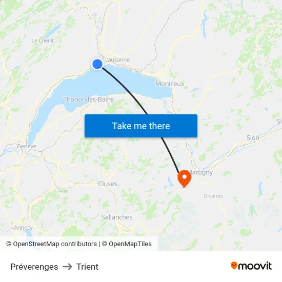 Préverenges to Trient map