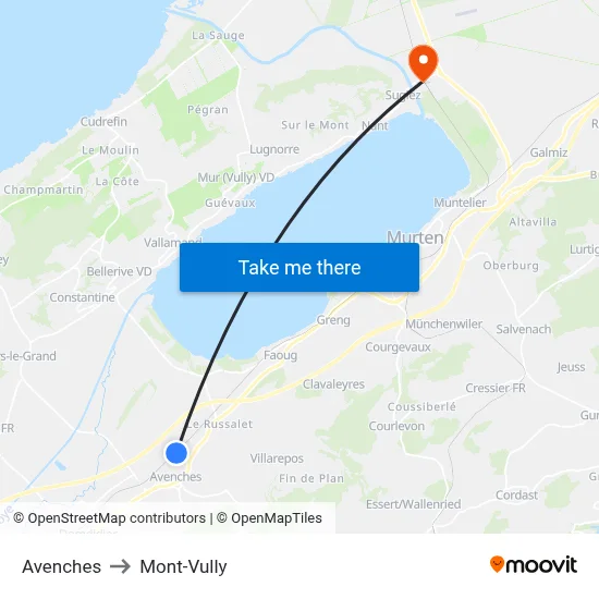 Avenches to Mont-Vully map