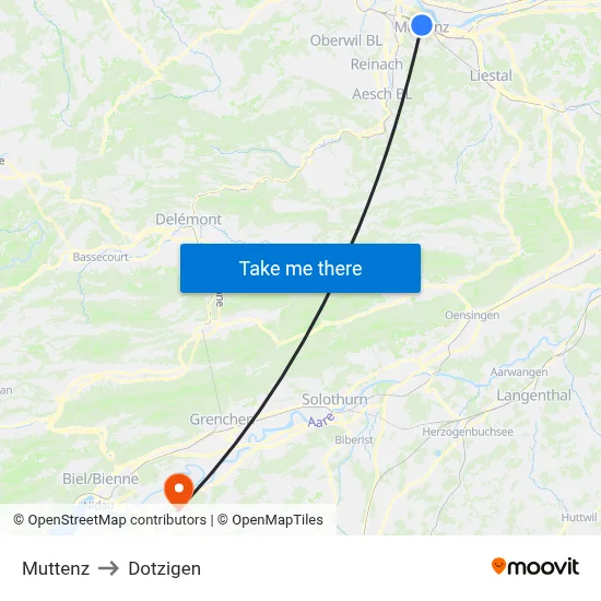 Muttenz to Dotzigen map