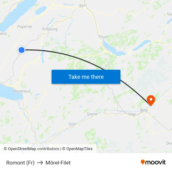Romont (Fr) to Mörel-Filet map