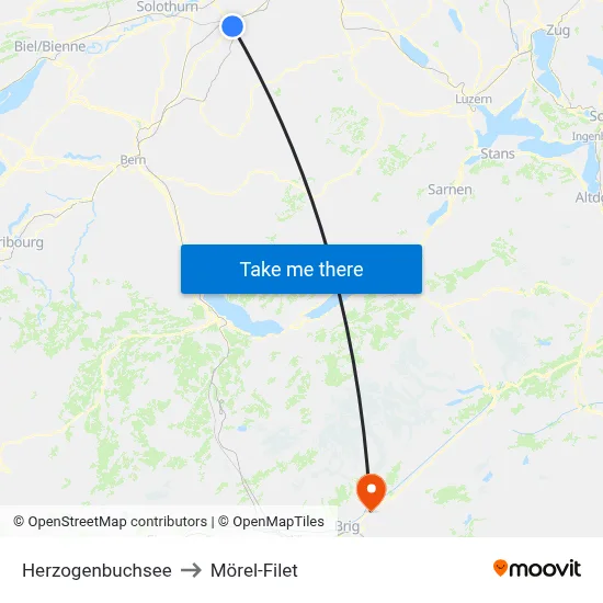 Herzogenbuchsee to Mörel-Filet map
