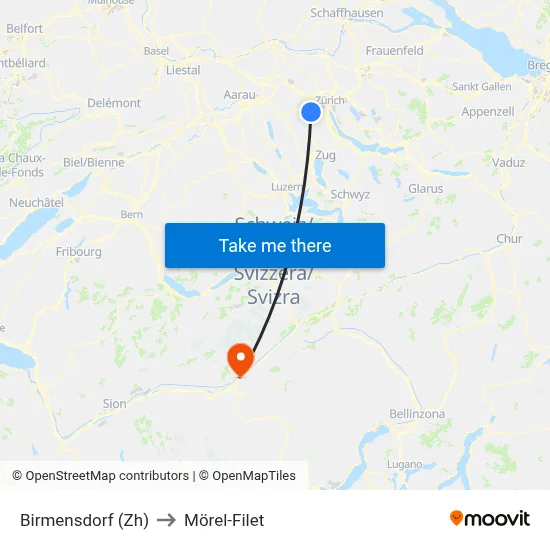 Birmensdorf (Zh) to Mörel-Filet map