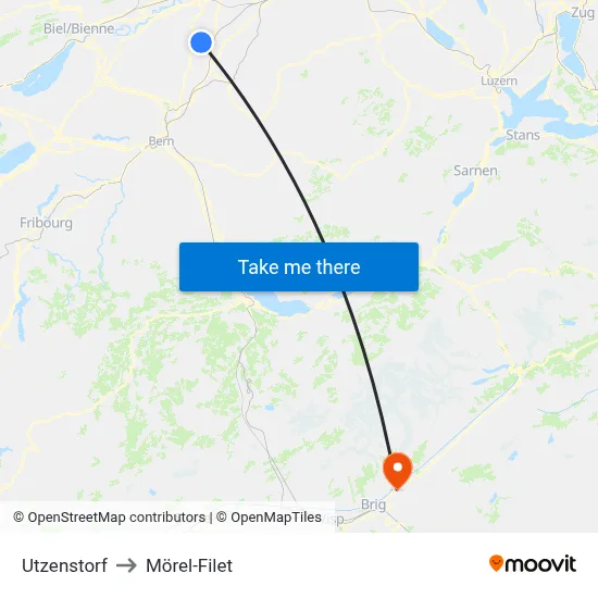 Utzenstorf to Mörel-Filet map