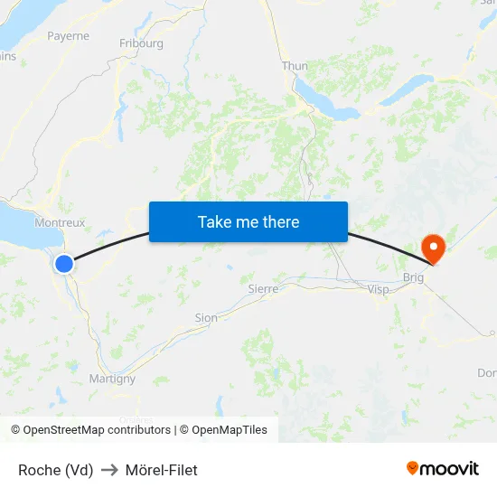 Roche (Vd) to Mörel-Filet map