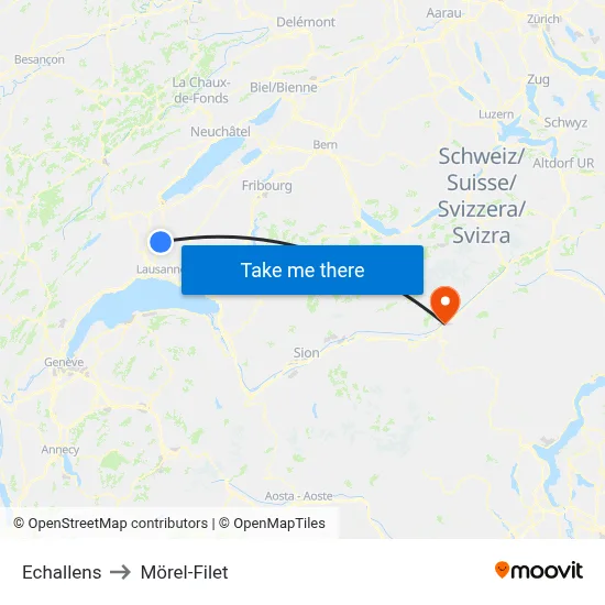 Echallens to Mörel-Filet map