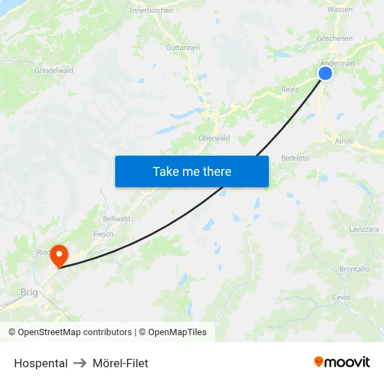 Hospental to Mörel-Filet map