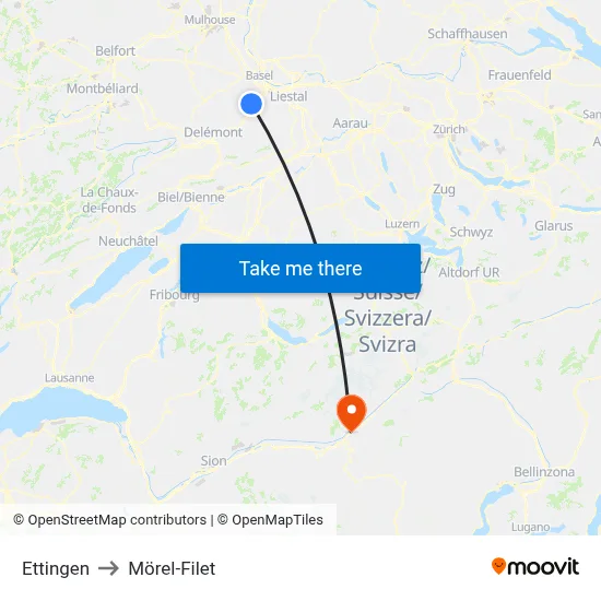 Ettingen to Mörel-Filet map