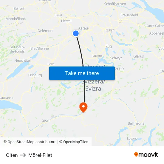 Olten to Mörel-Filet map