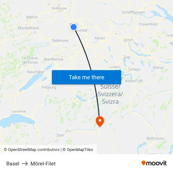 Basel to Mörel-Filet map