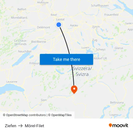 Ziefen to Mörel-Filet map