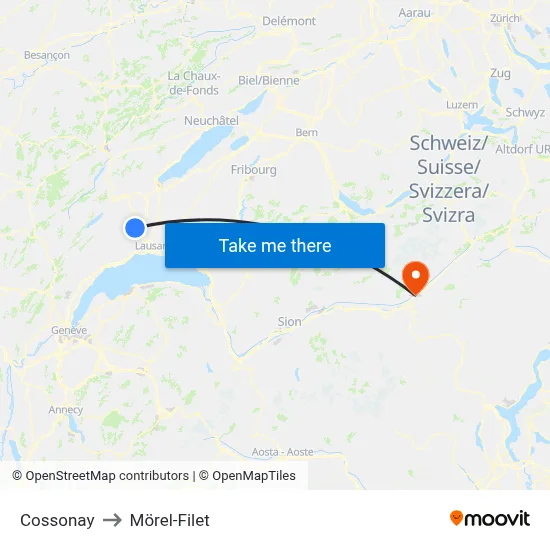 Cossonay to Mörel-Filet map