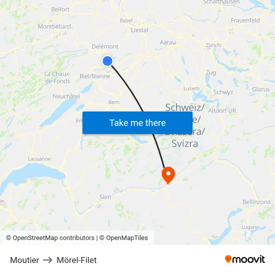 Moutier to Mörel-Filet map