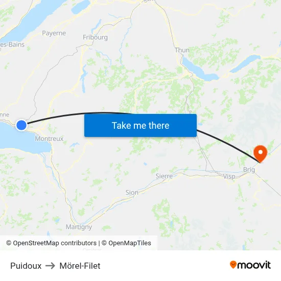 Puidoux to Mörel-Filet map
