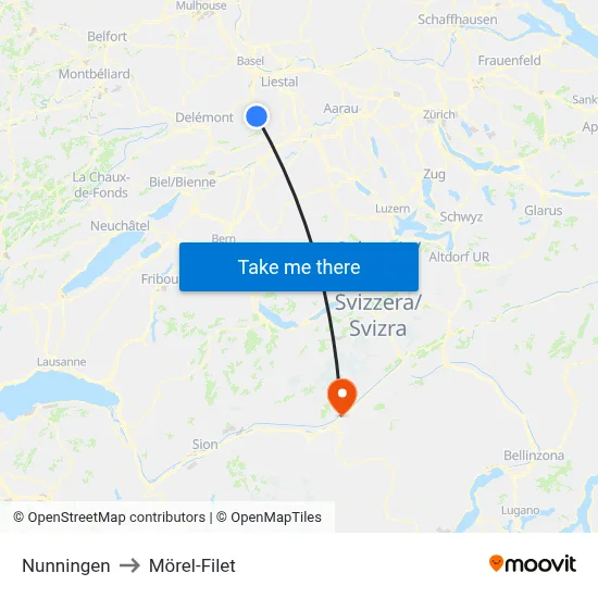 Nunningen to Mörel-Filet map