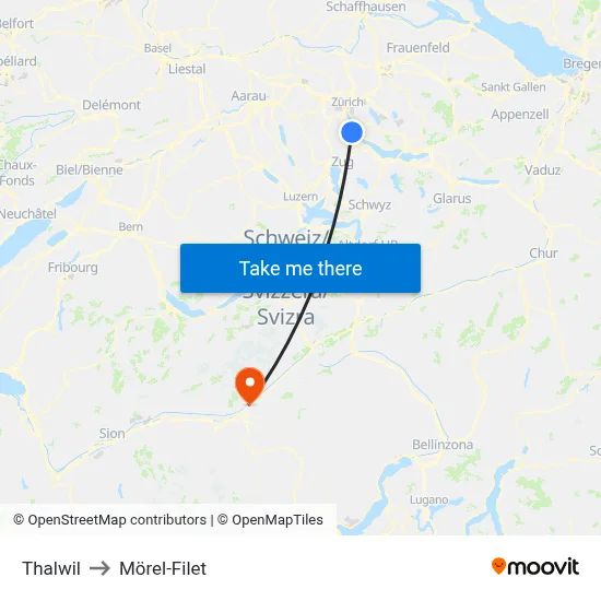 Thalwil to Mörel-Filet map