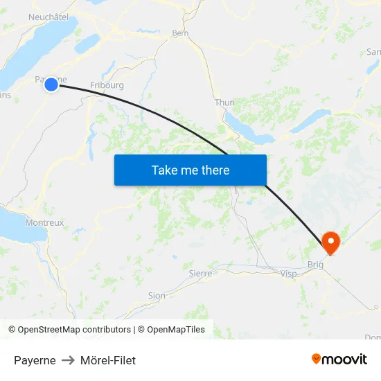 Payerne to Mörel-Filet map