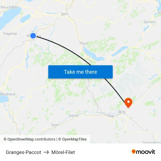 Granges-Paccot to Mörel-Filet map