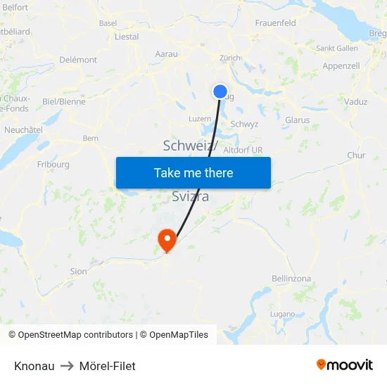 Knonau to Mörel-Filet map