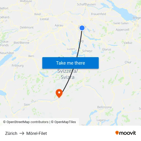 Zürich to Mörel-Filet map