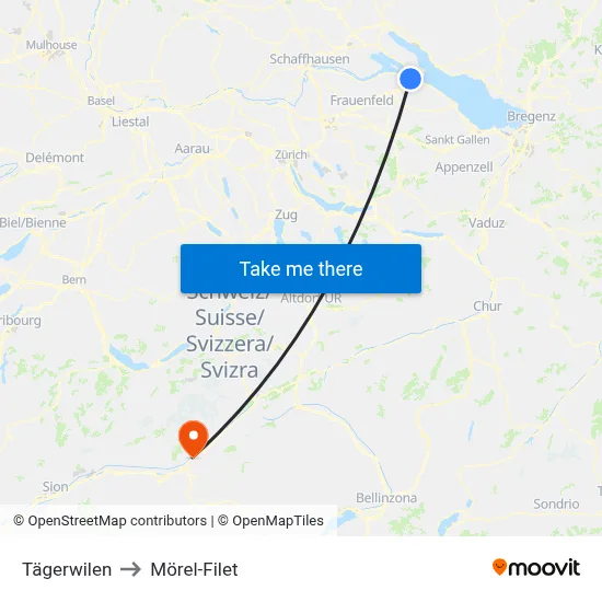 Tägerwilen to Mörel-Filet map