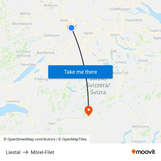 Liestal to Mörel-Filet map